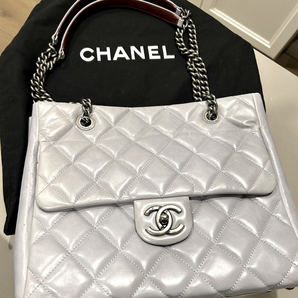 Chanel Glazed Calfskin Quilted Duo Color Small Tote Grey